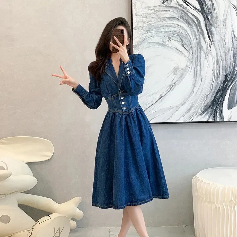 American Retro Women's Denim Denim pinafore dress - Long Sleeved, Single Breasted A-line Style for Spring and Autumn - Slim Fit Vestidos (240629)