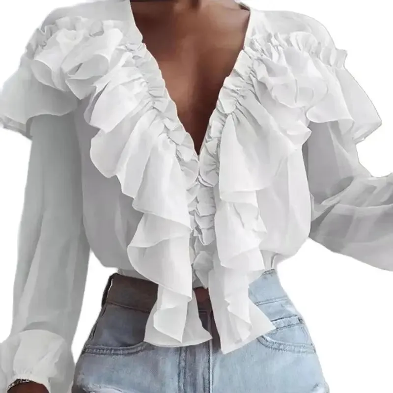 Camisa Floral De Manga Larga Casual De Mujeres Cuello En V