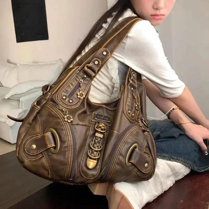 Y2k Style Leather Shoulder Bag - Large Capacity Vintage Tote