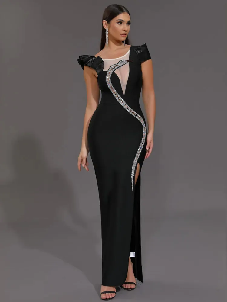 Black Snake Diamonds O Neck Black maxi Evening dress - Elegant Bodycon Bandage for Women's Evening Club Party Outfit