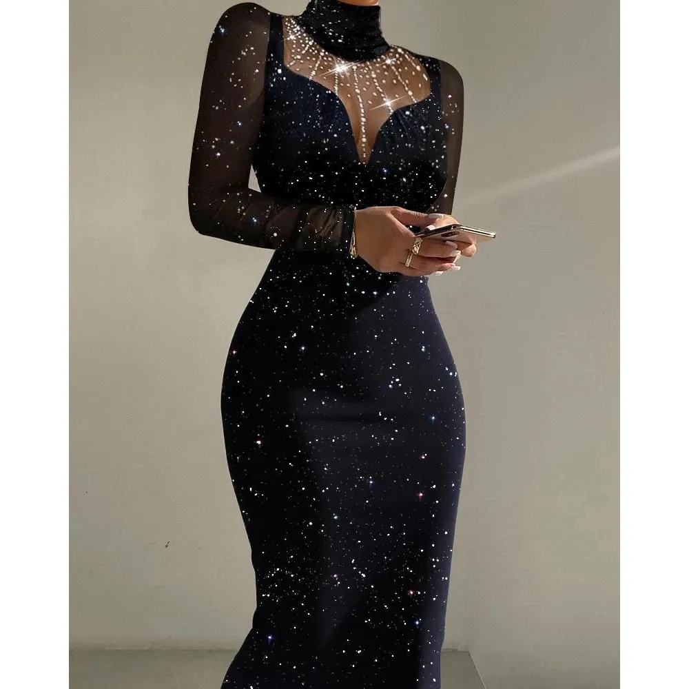 Womens Rhinestone Mesh Long Sleeve Glitter Bodycon Midi Dress Autumn Party  Dress, Slim Fit, Mock Neck, Fashion Clothes From Zara03, $18.45 | DHgate.Com