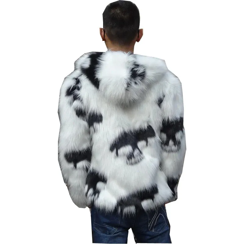 Mens faux fur hooded fox fur coat zipper jacket patchwork fur