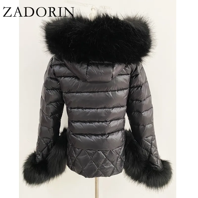 ZADORIN White Duck Down Patchwork Jacket with Faux Raccoon Fur