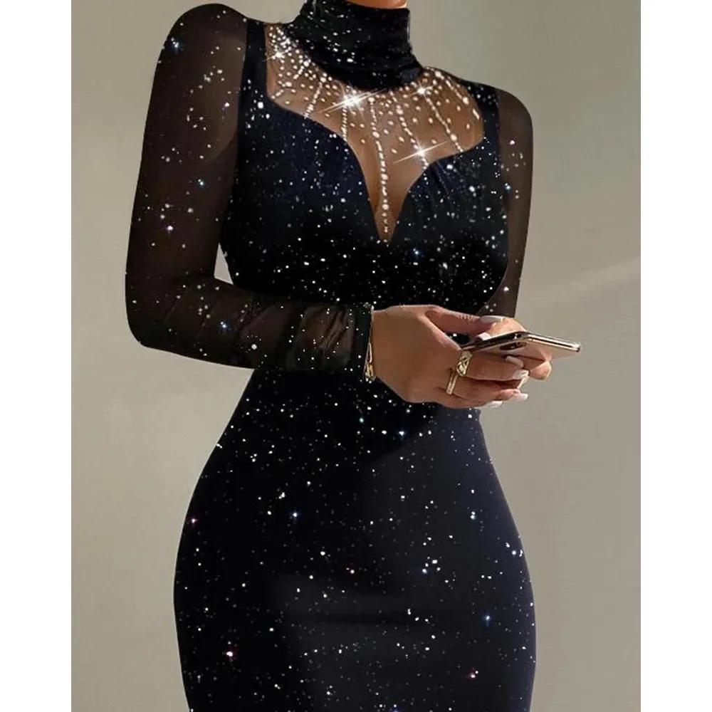 Womens Rhinestone Mesh Long Sleeve Glitter Bodycon Midi Dress Autumn Party  Dress, Slim Fit, Mock Neck, Fashion Clothes From Zara03, $18.45 | DHgate.Com