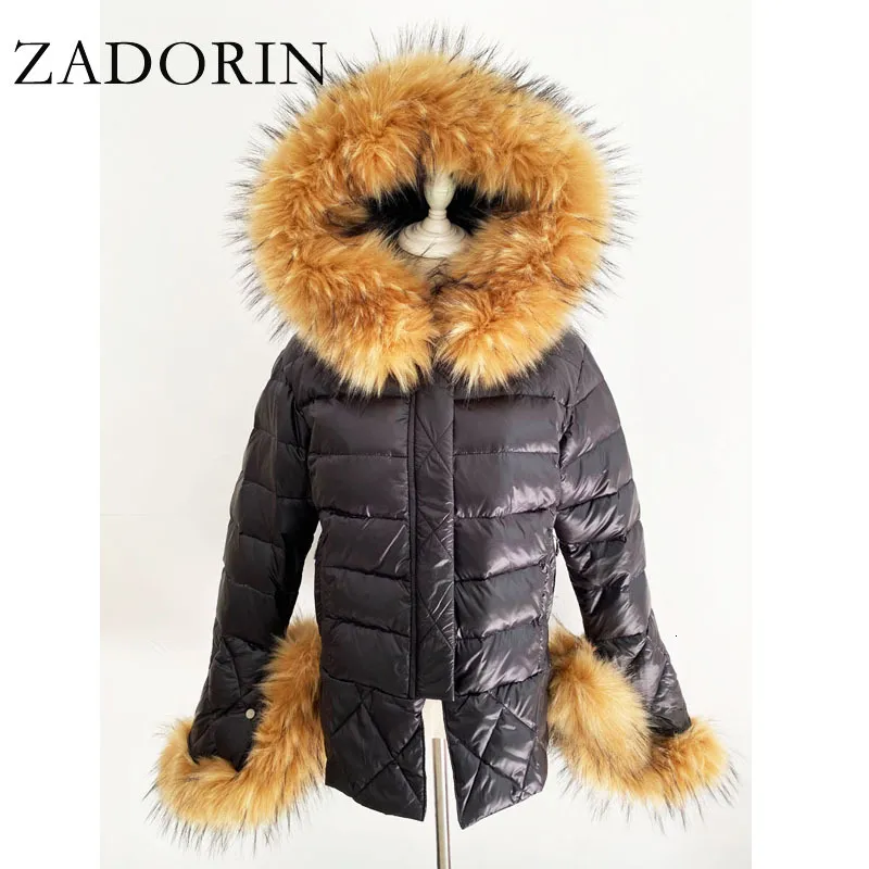ZADORIN White Duck Down Patchwork Jacket with Faux Raccoon Fur