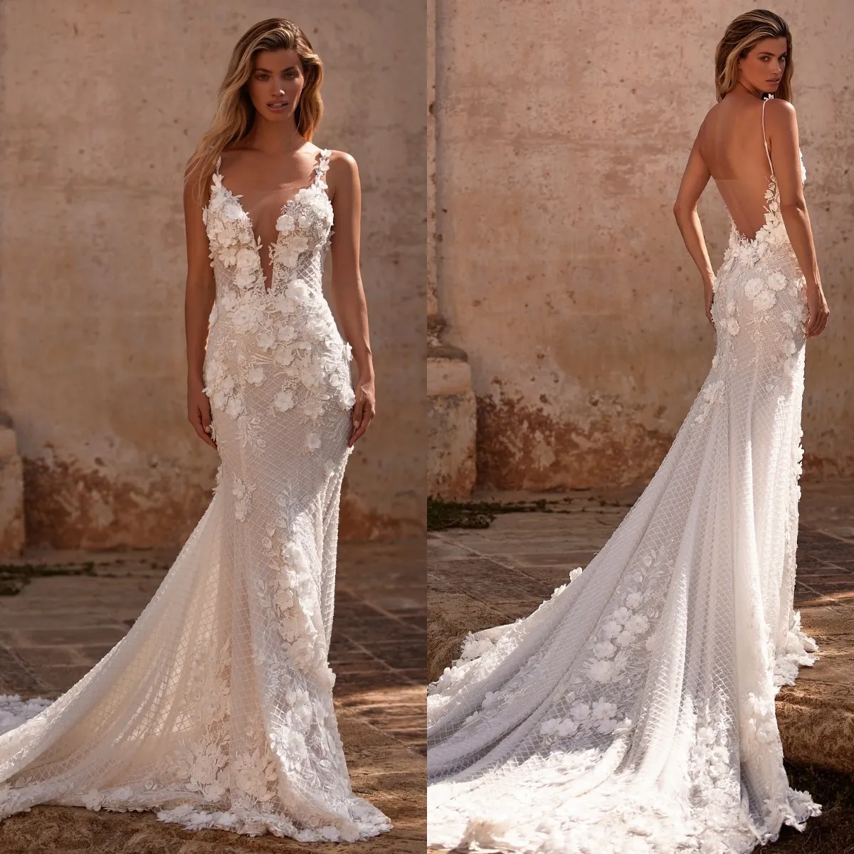 Lace Sweep Train Applique Mermaid Sheer Bridal Gowns Wedding Dress Lace Sweep Train Applique Mermaid Sheer Bridal Gowns Wedding Dress