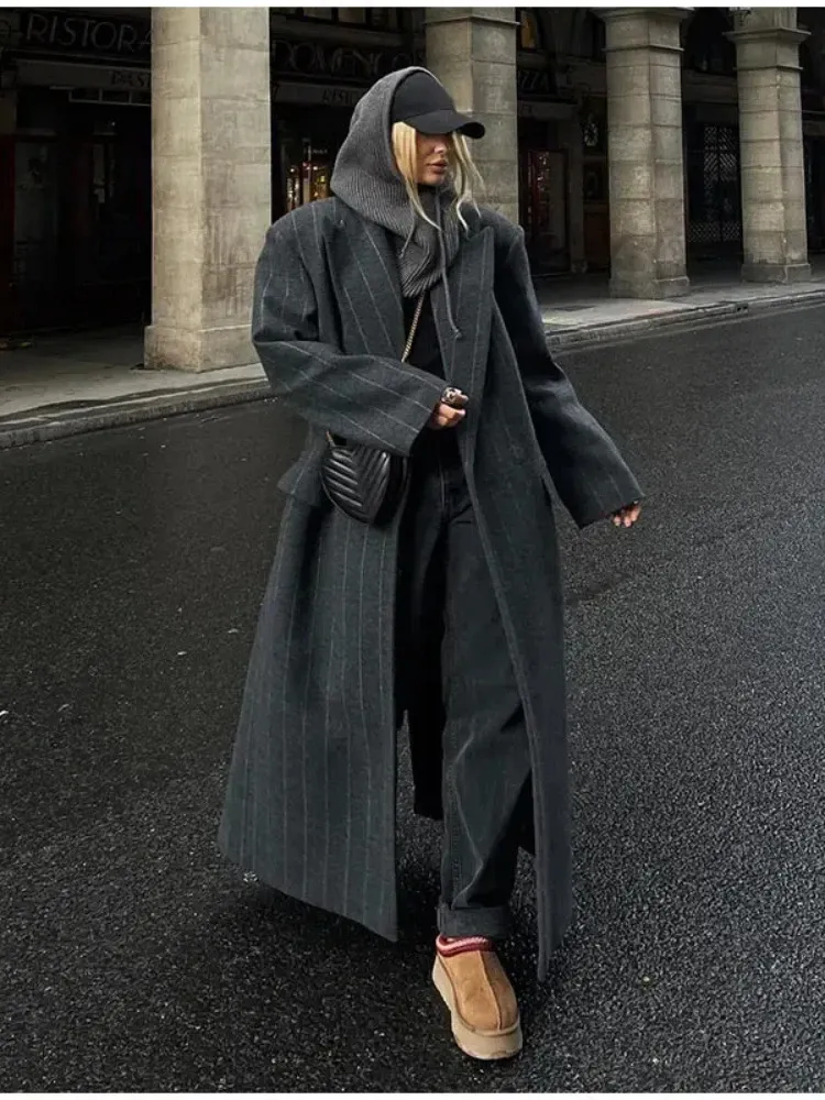 Vintage Chic: Striped Womens Long Woolen Coat - Loose Fit, Pockets