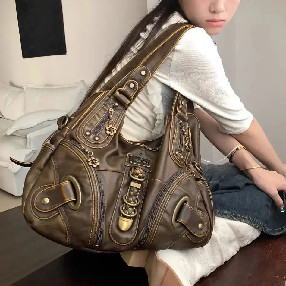 Y2k Style Leather Shoulder Bag - Large Capacity Vintage Tote