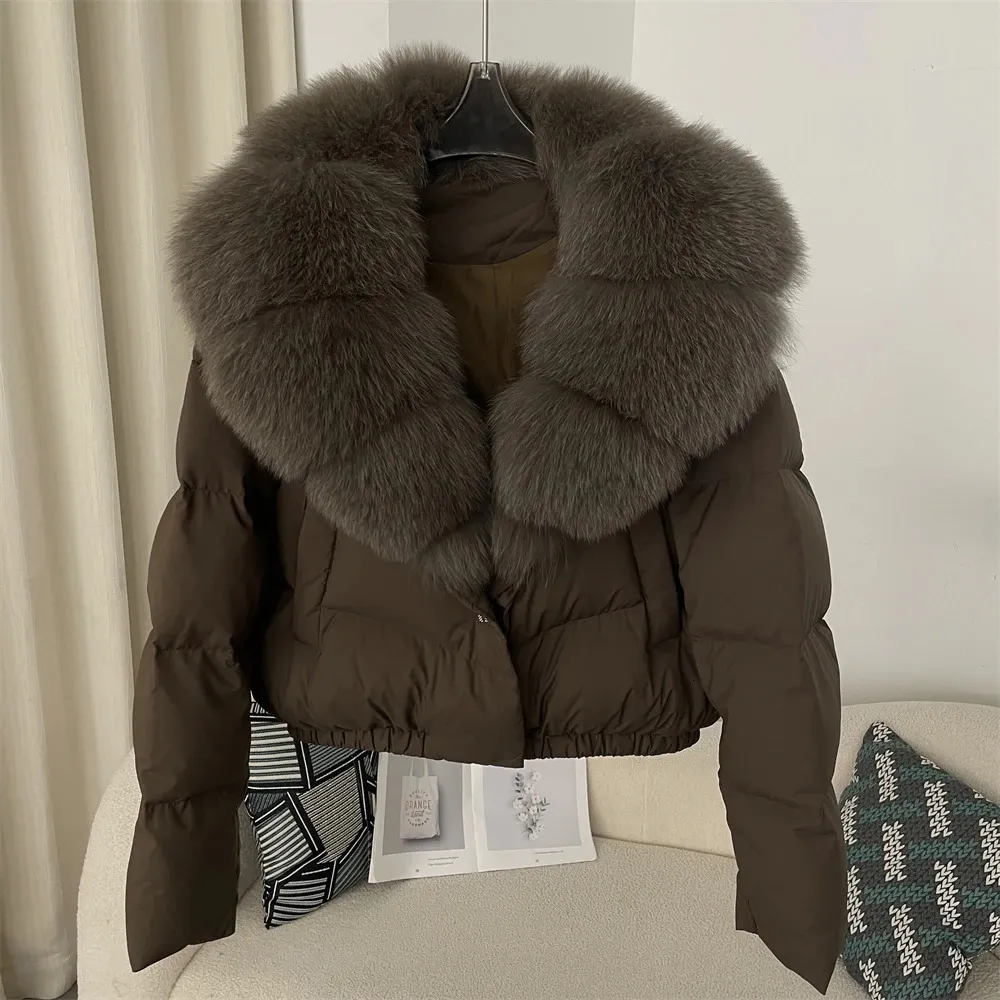 Duck Down Coat Womens Short Puffer Jacket With Natural Fox Fur