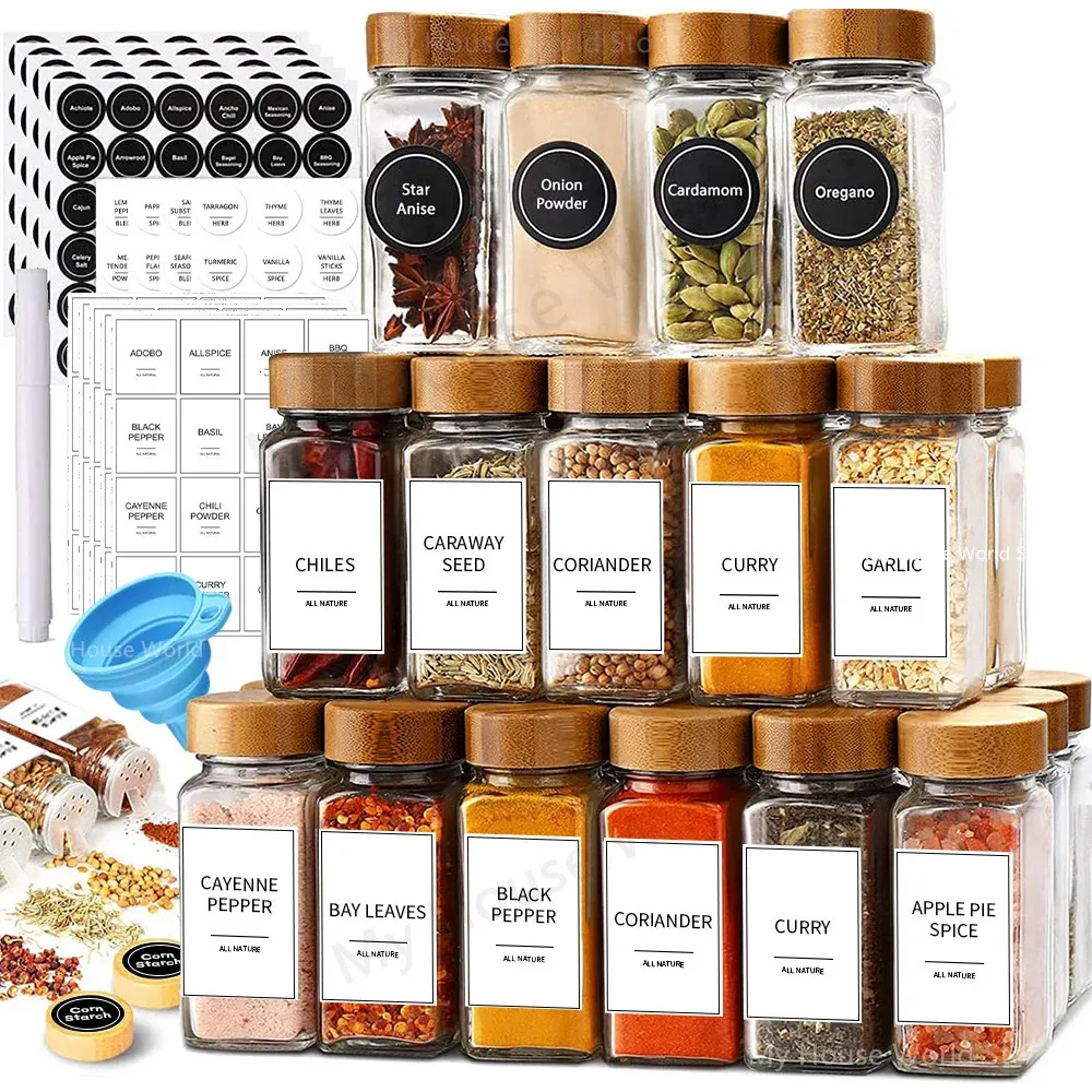 24 Pots à Épices Verre 120ml Avec Couvercles Bambou - Set Organisation Cuisine Avec Étiq