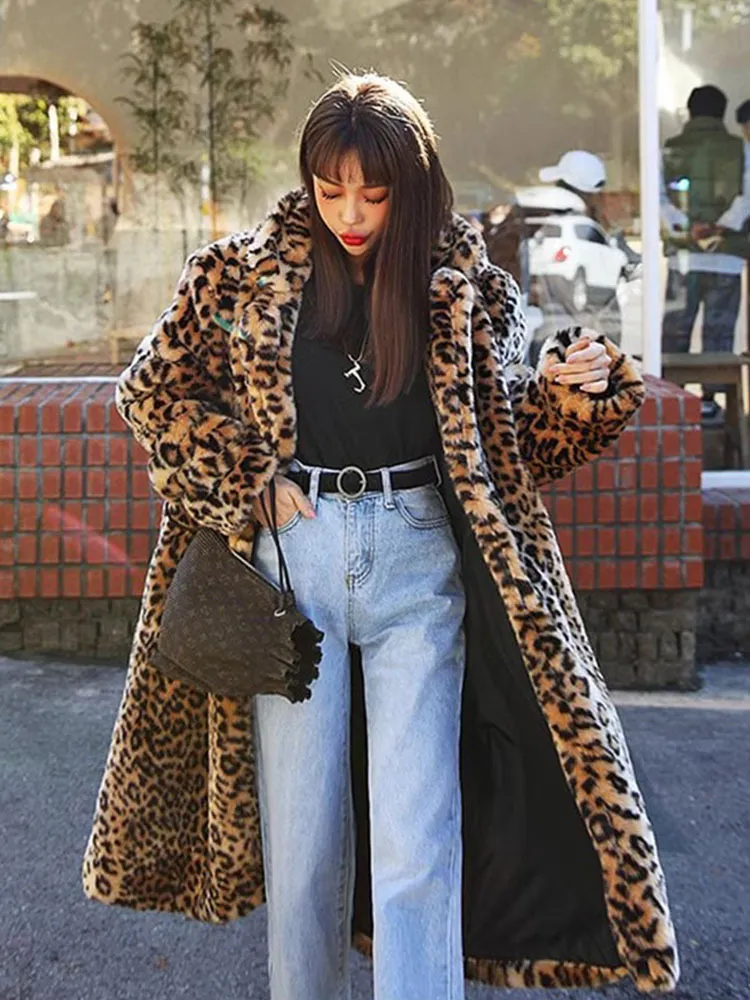 Long Leopard Print Faux Fur Coat: Warm Winter Outerwear, Korean