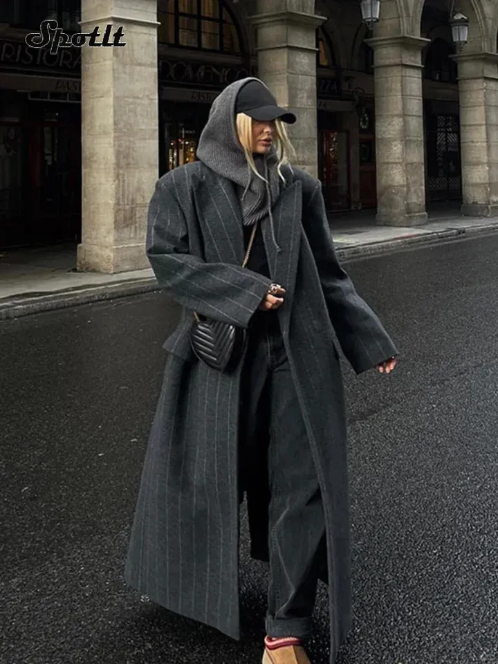 Female Double Breasted Jacket: Dark Grey Striped Long Lapel Coat