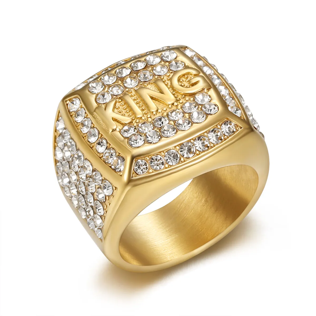 Unisex Hip Hop Stainless Steel Ring with White Amethyst and 18K Gold ...