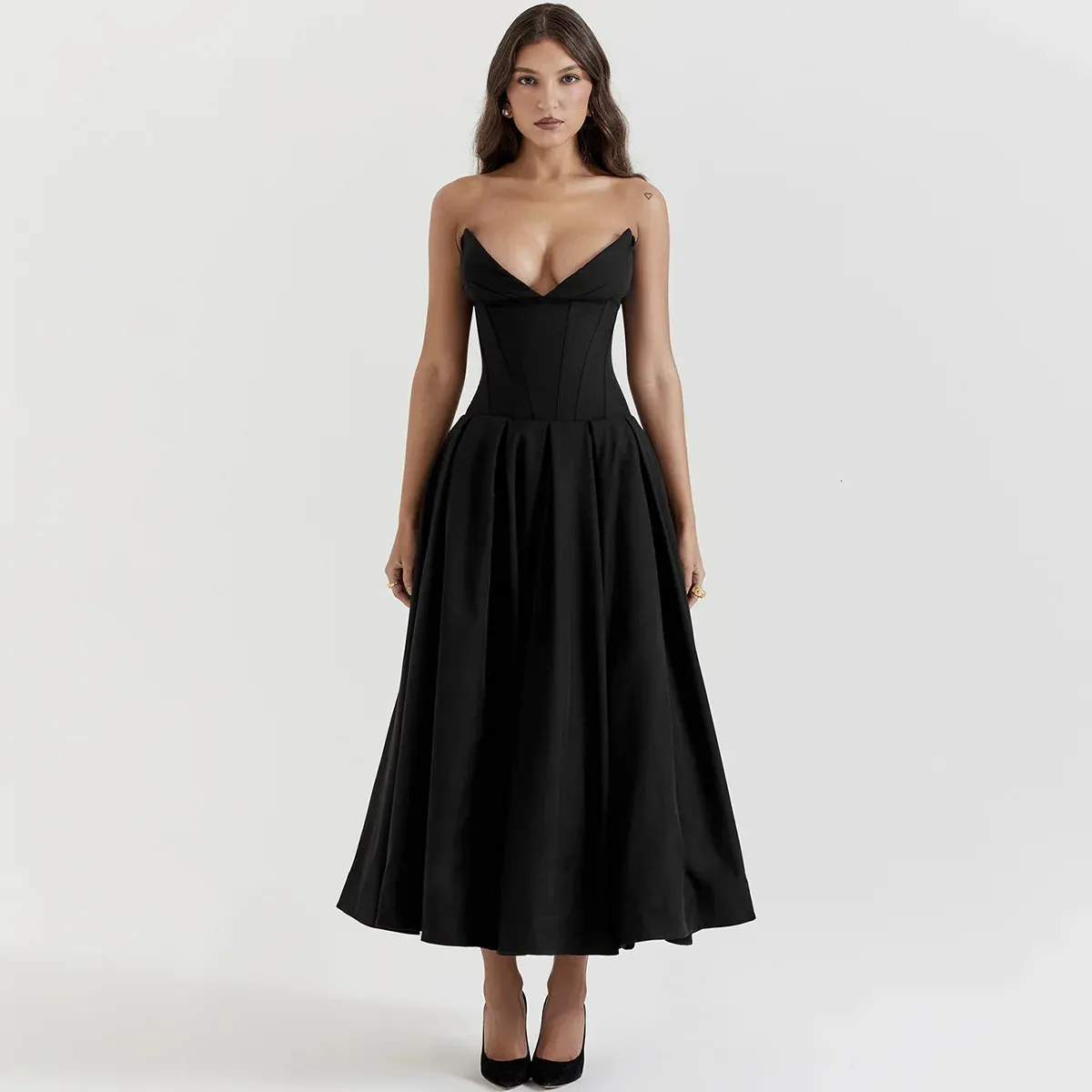 Women Strapless Midi Dress Cotton Blend Solid Color Fishbone Corset  Mid-Calf Length Short Sleeve Summer Dress from Dhgate Urban Sexy Dresses -  price 67.84