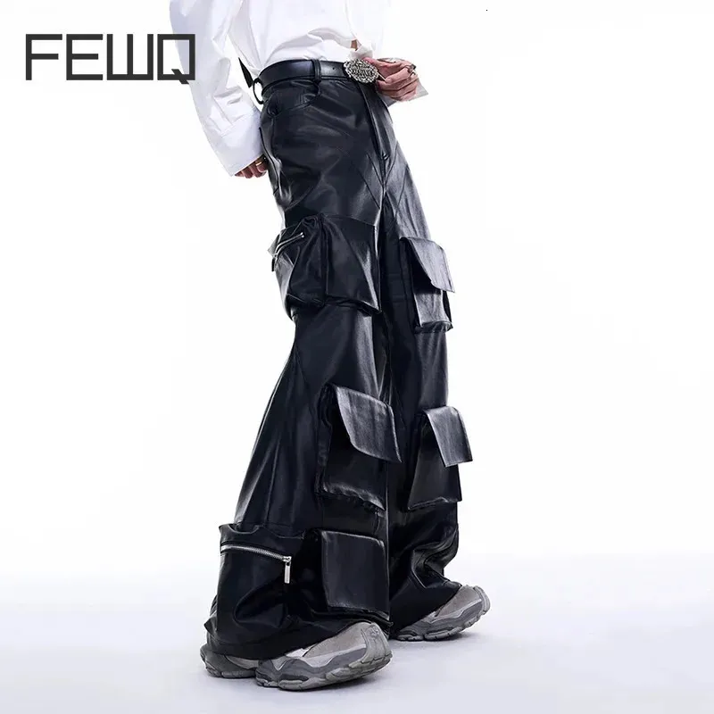 FEWQ Mens Wide Leg PU Leather Pants Multi Pocket Solid Dark