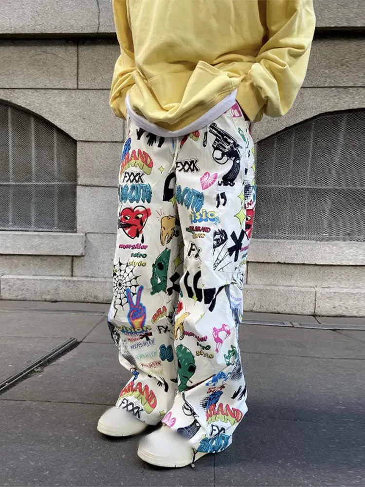 Save Big on Bulk Graffiti Print Pants Street Graffiti Printing Pants For  Male Trendy Elastic Waist Drawstring Straight Trousers Mens Pocket Sports 