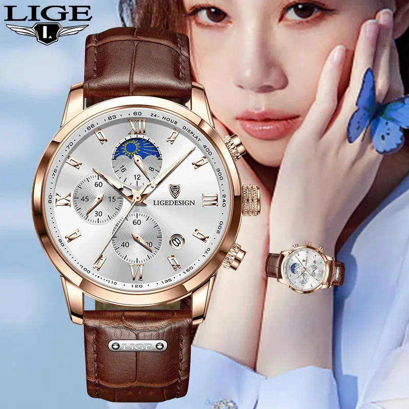 LIGE Womens Leather Watch Fashion Waterproof Quartz Wrist Watch