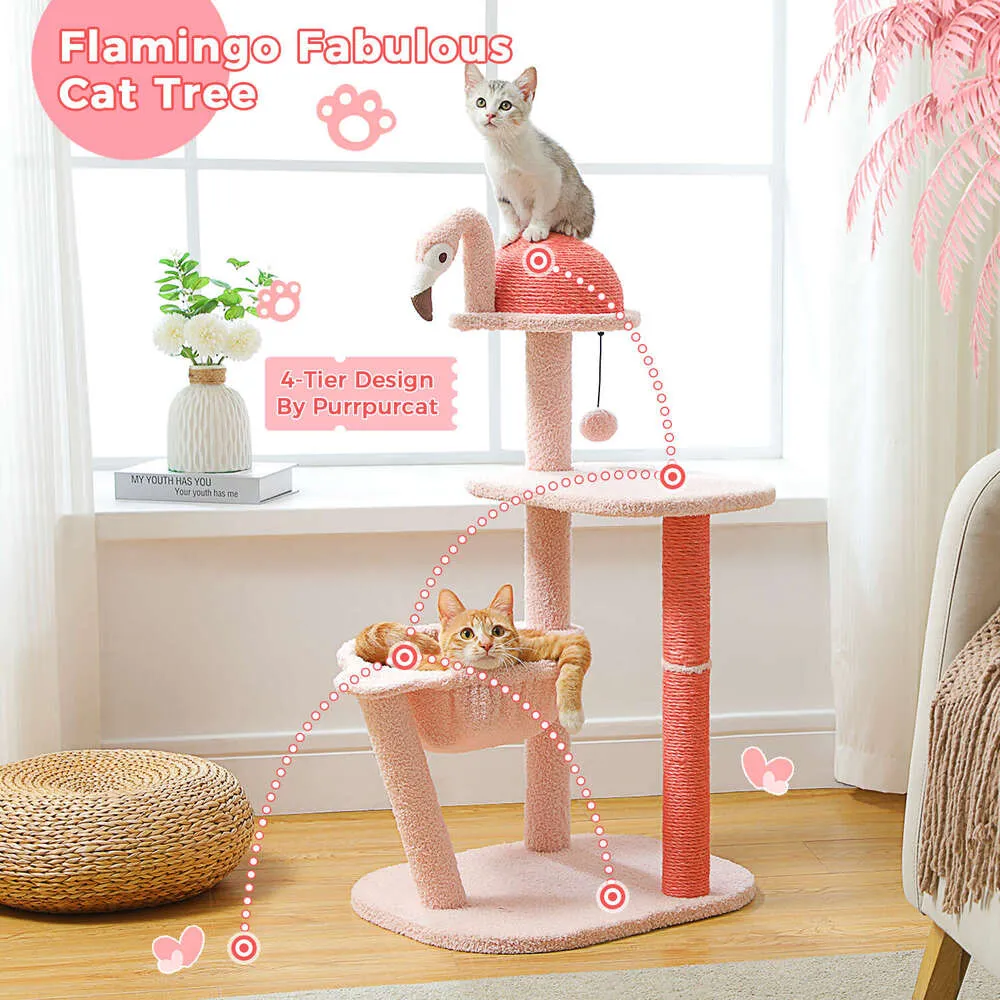 Pink Flamingo Cat Tree with Scratching Posts, Hammock, Perch