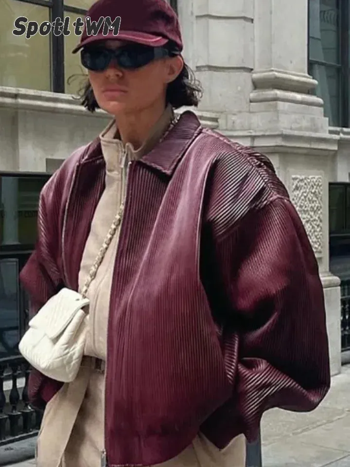 Burgundy Leather Lapel Jacket for Women: Casual Zipper Long Sleeve