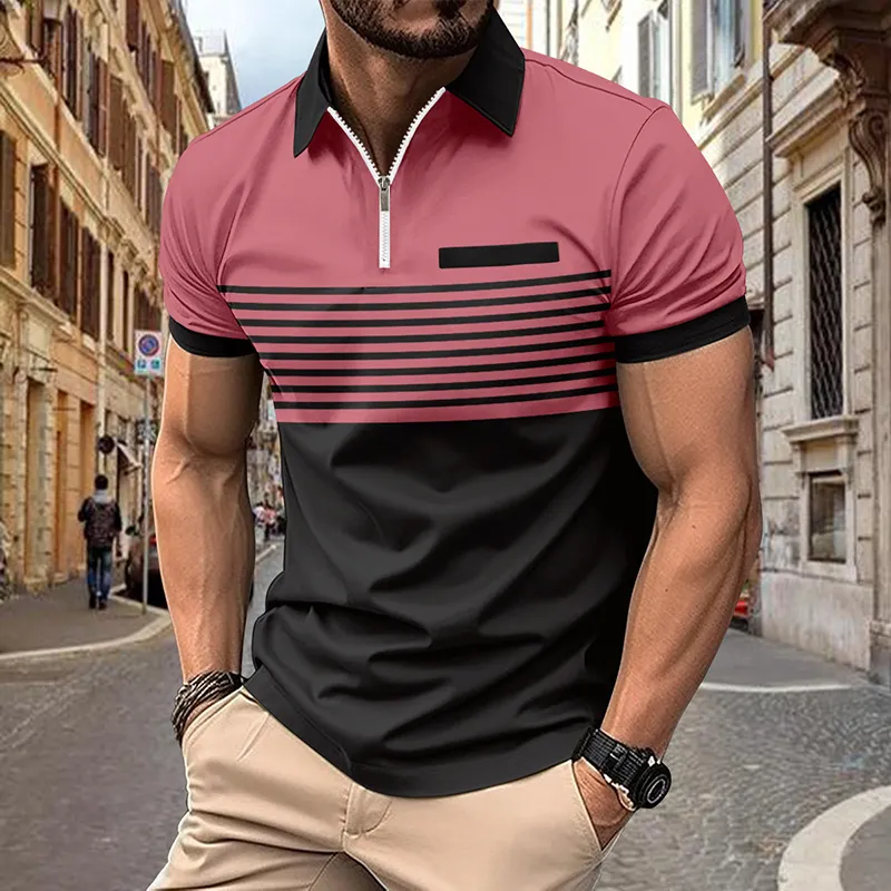 Mens Zipper Stripe Polo Shirt Short Sleeve, Breathable Cotton