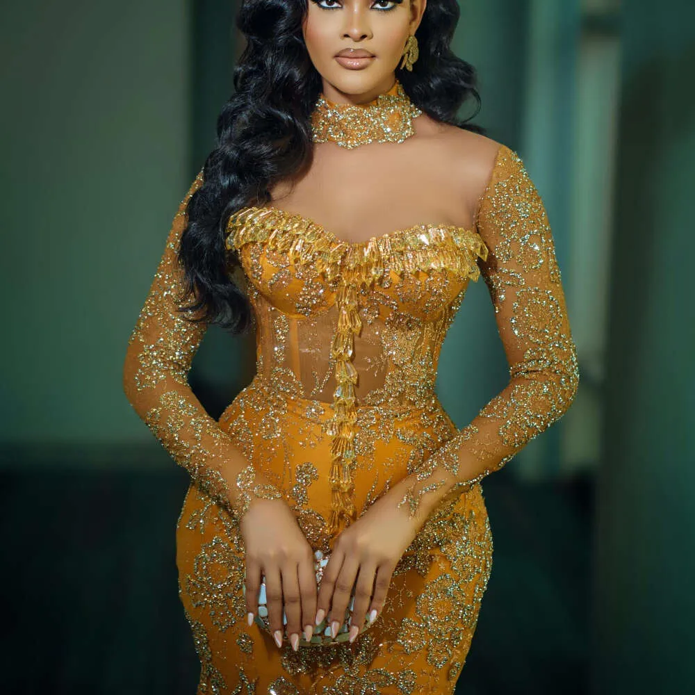gold aso ebi dress Yellow Crepe Crystal Trim Mini Dress – self-portrait-US main image 0