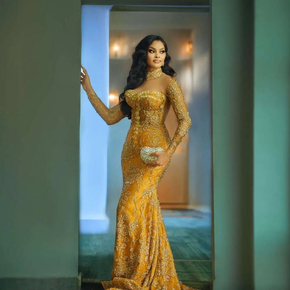 Gold Beaded Lace Aso Ebi Style Gold sparkly prom dress with Glitter High Neck and Crystal Embellishments - Perfect for Bridal Wedding Reception and