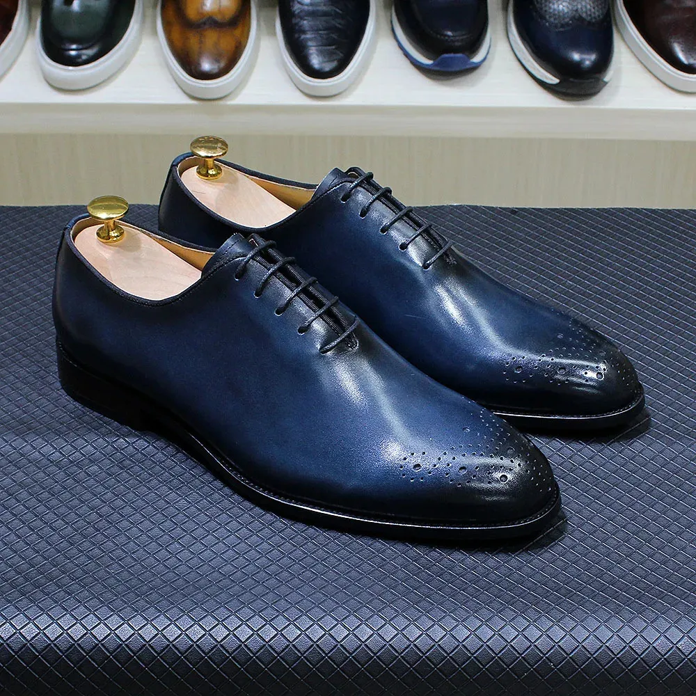 FSJ Men\'s Blue Oxford Handcrafted Lace Up Luxury Glossy Leather Dress Shoes XEBOS Luxury Original Derby Mens Dress Shoes Blue Real  main image 4