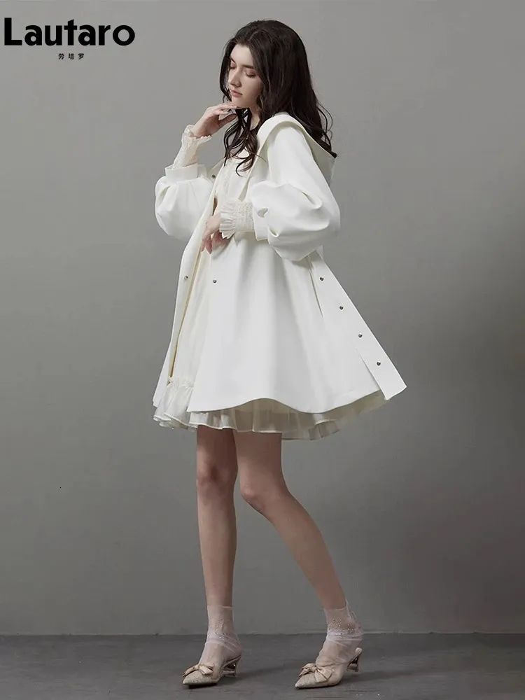 Save Big on Bulk White Lace Trench Coat Lautaro Spring Flowy Sweet And Cute  Casual Soft White Trench Coat Suitable For Women With Hooded Light Sleeves 