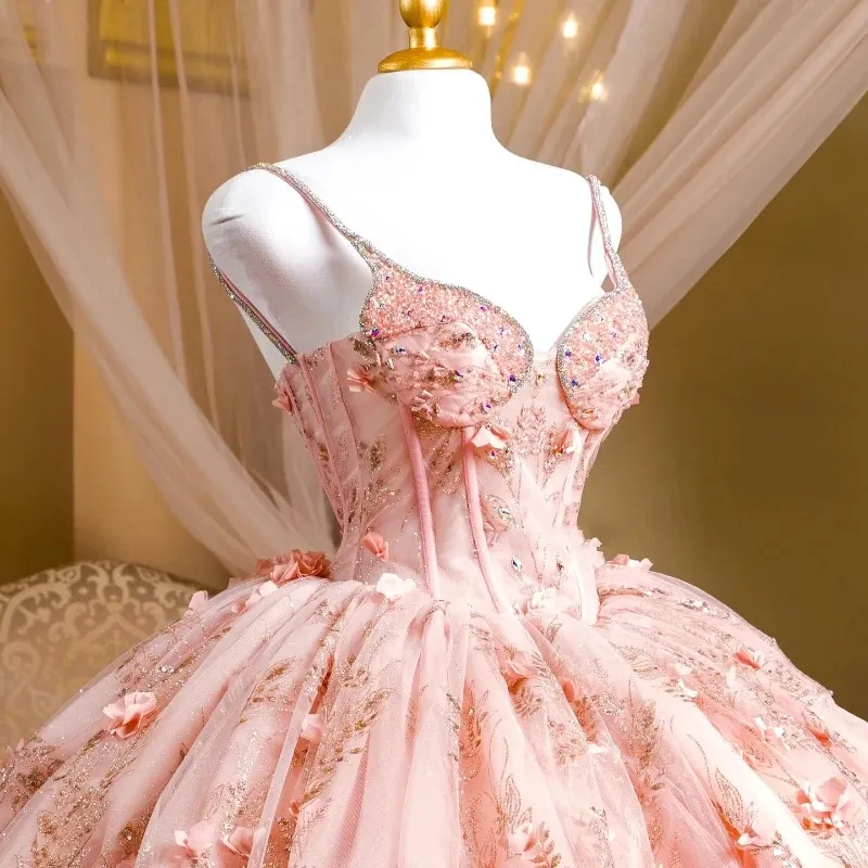 Pink Shiny Princess Quinceanera Ball Gown Dress Off The Shoulder 3D Floral  Sequin Applique Lace Beads Tulle Corset Sweet 16 Vestidos from Dhgate  Quinceanera Dresses - price 310.68