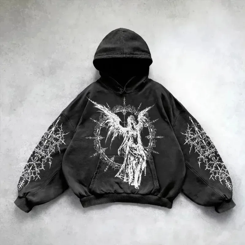Washed Harajuku Gothic Hoodie - Streetwear Retro Print Sweatshirt
