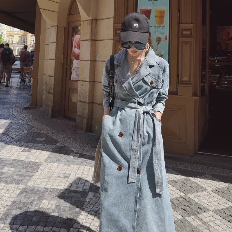 Womens Denim Trench Coat Year Summer Loose Denim Coat Windproof
