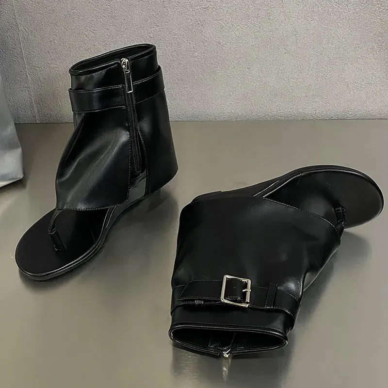 Female Footwear Zippers Ladies Sandals Shoes Fashion Round Toe Wedges Women Ankle Boots Flip Flops 240929_voghion.com