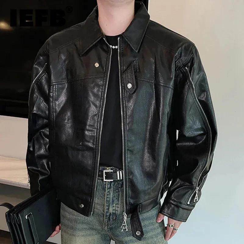 Mens PU Leather Zipper Jacket Spliced Work Collar, Solid Color