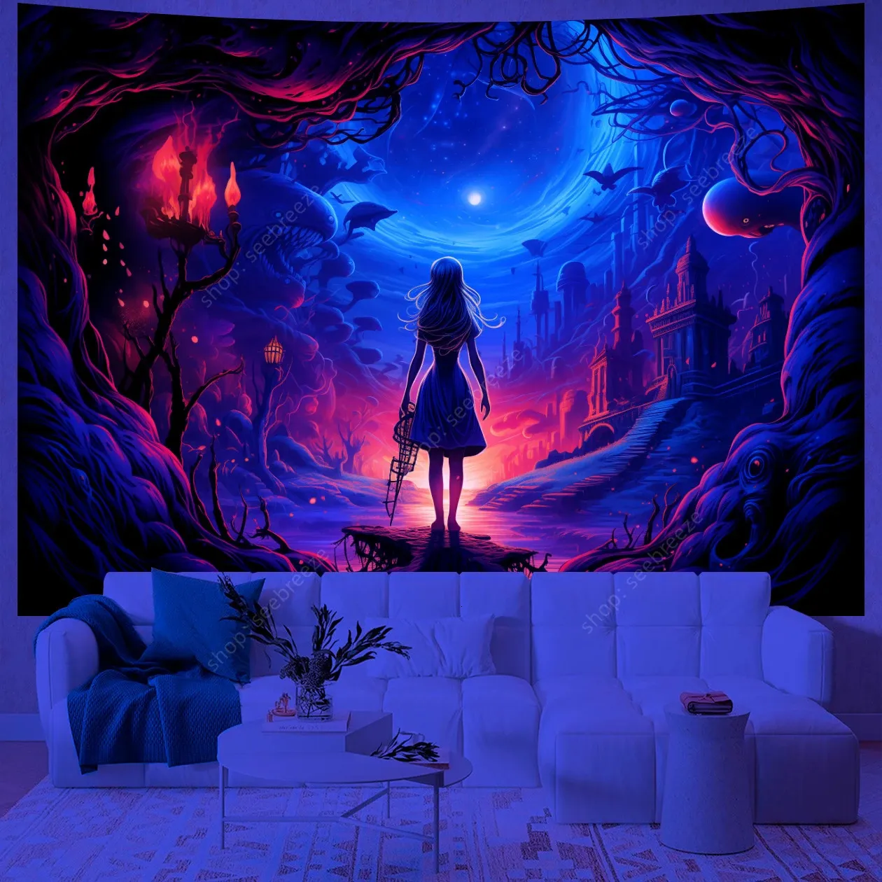 Psychedelic pattern UV reactive cotton tapestry Jacquard woven