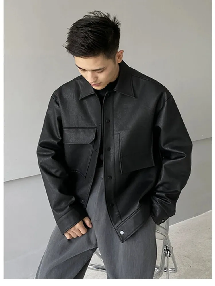 Mens Multi Pocket Jacket Loose Genuine Leather Flip Collar Casual