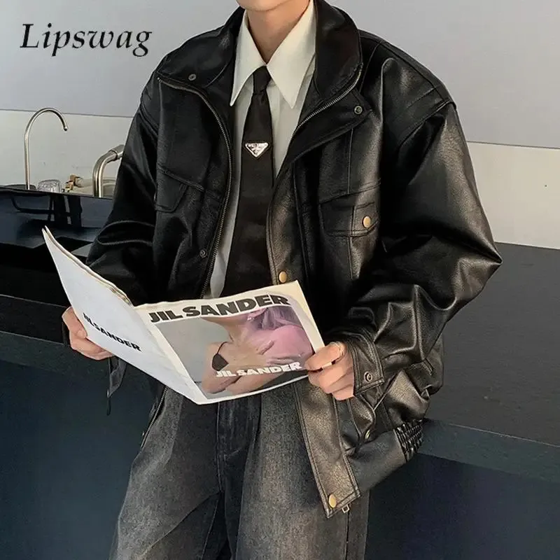 Y2K style mens genuine leather jacket with zipper for autumn and