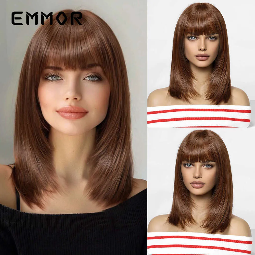 Human Hair Wig Shoulder Length Layered with Bangs Natural Look Classic Straight Auburn Straight Human Hair Wigs with Bangs Shoulder Length  main image 2