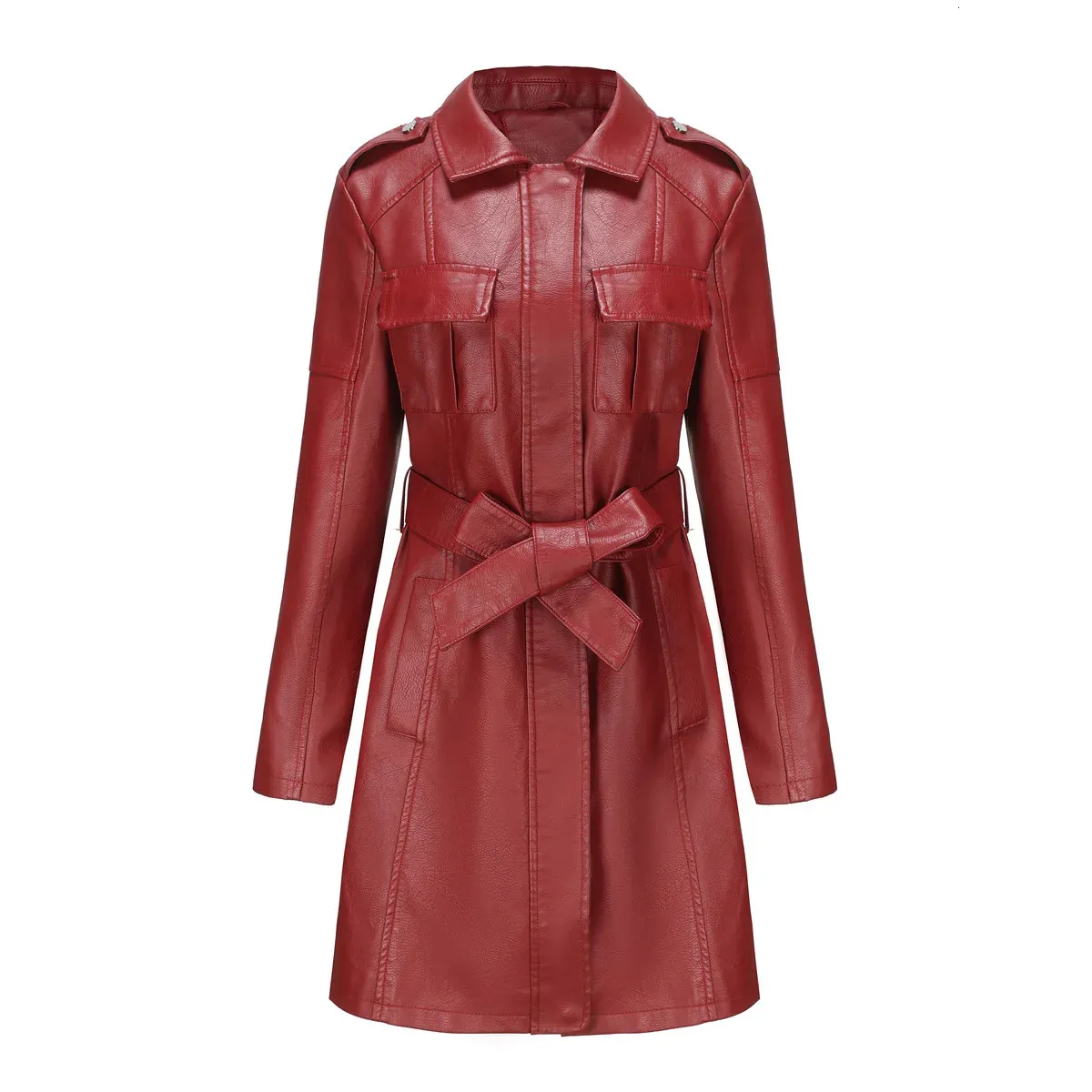Mid Length Leather Trench Coat For Women Belted Ladies