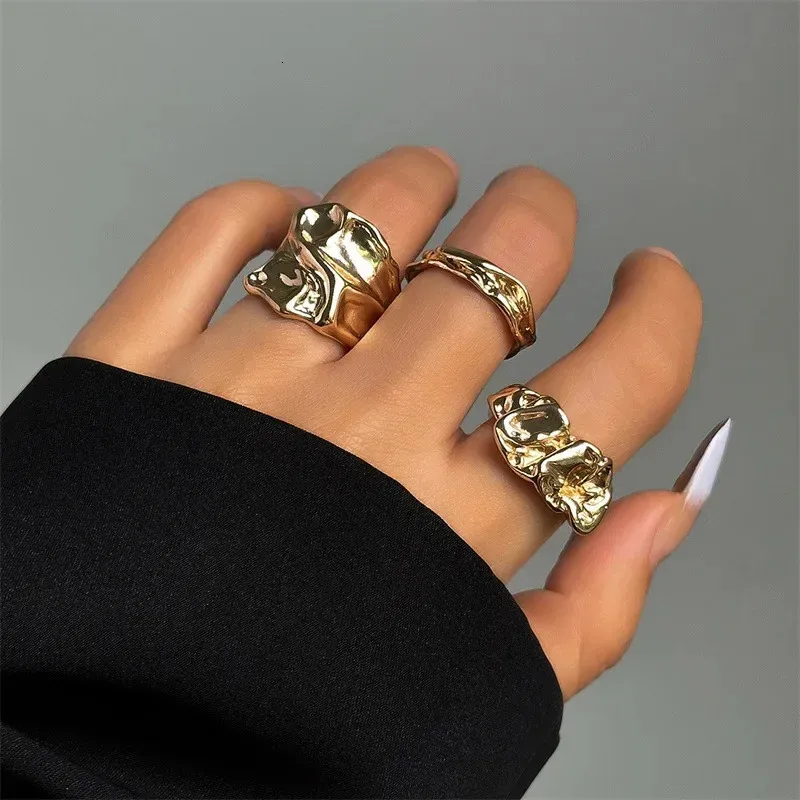 Golden Liquid Rings Set for Women Punk Wave Metal Knuckle Egirl Gothic Jewelry Irregular Design Aesthetic Birthday Gifts