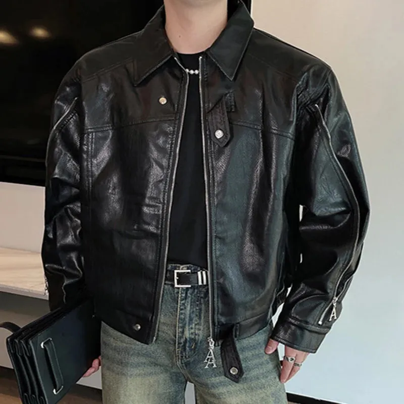 leather collar work jacket Lサイズ Mens PU Leather Zipper Jacket - Spliced Work Collar, Solid