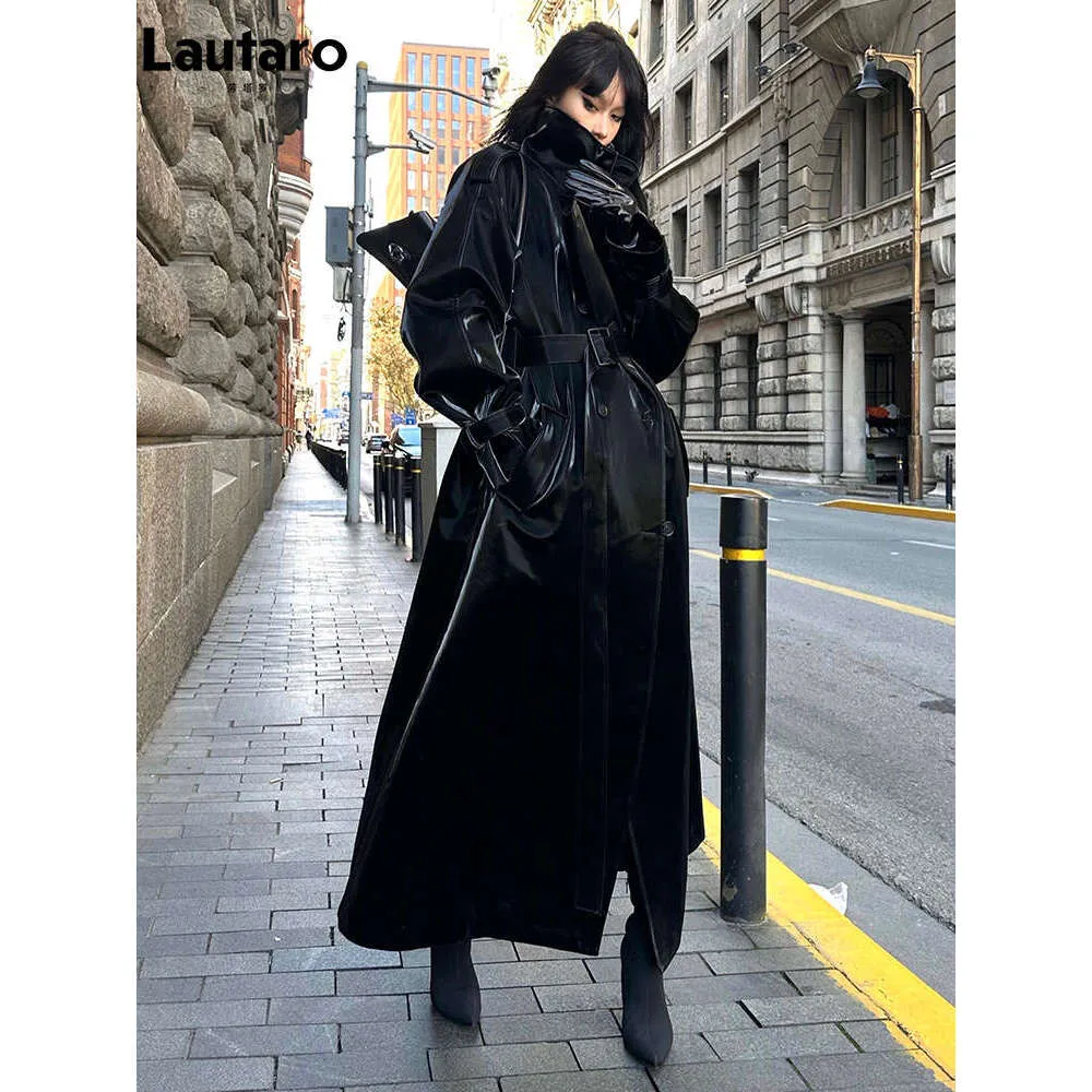 Oversized Extra Long Trench Coat: Shiny Black Faux Leather, Runway
