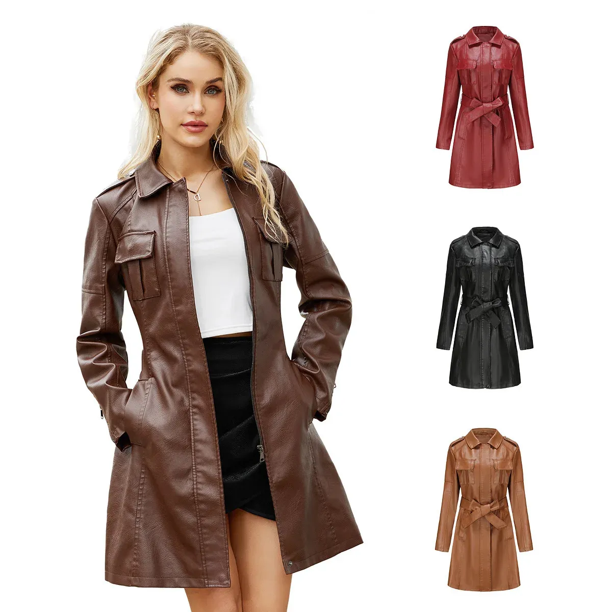 Premium Womens Mid-Length Faux Leather Trench Coat with Tie