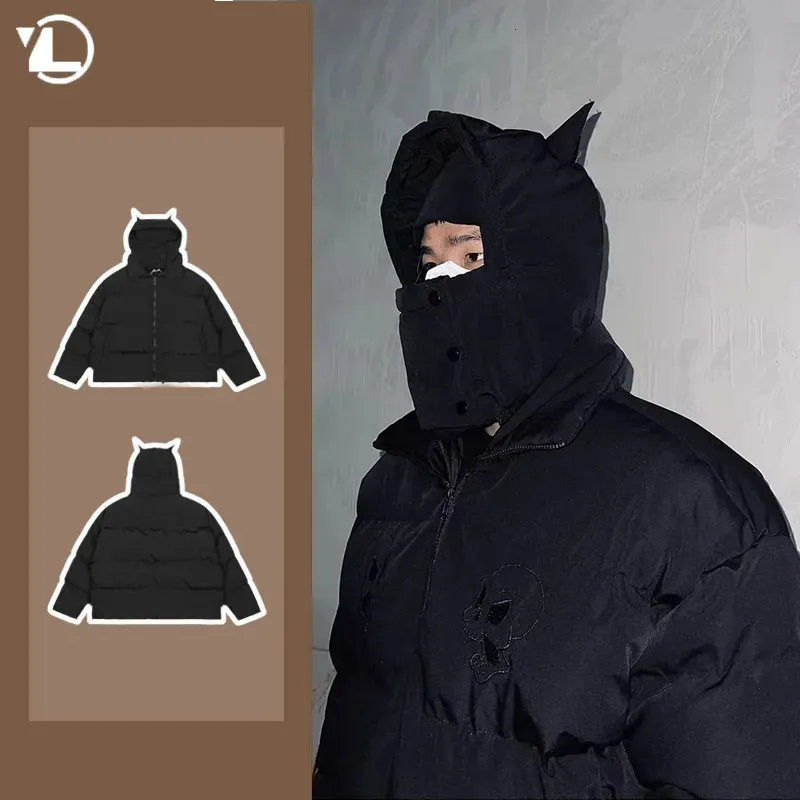 Mens Puffer Coat Fur Hood Black Devil Horns Puffer Jacket