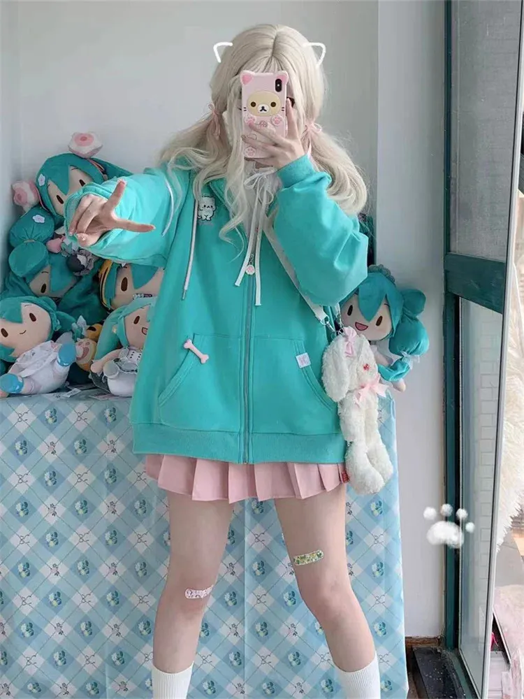 Harajuku Kawaii Cat Ear Zipper Hoodie For Women Japanese Y2K