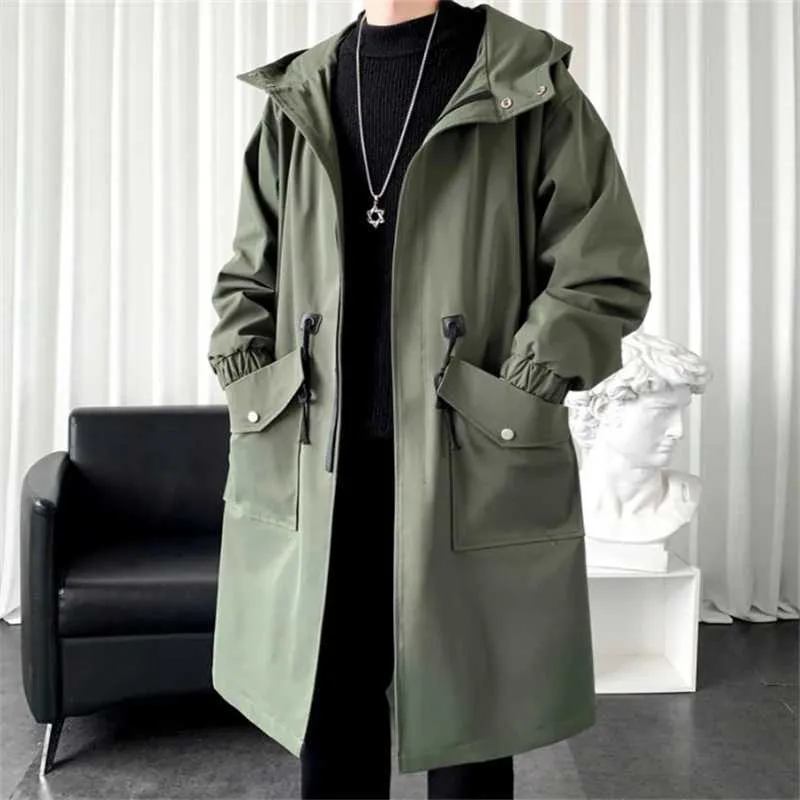 Mens Windproof Hooded Trench Coat Mens Casual, Loose Fit, Knee 