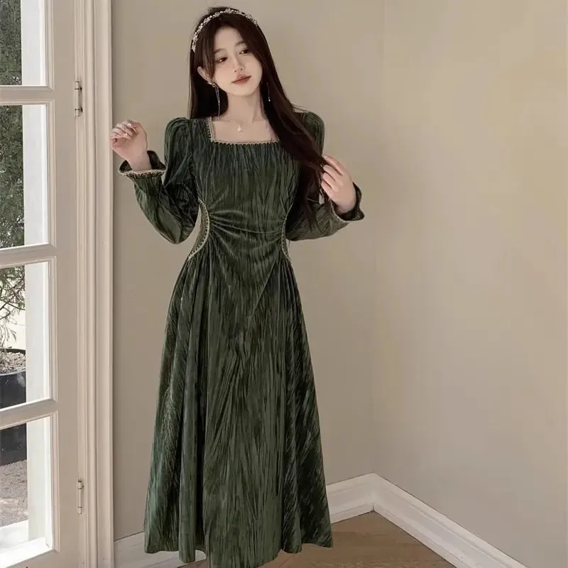 green emerald velvet dress Green 1930s Button V-Neck Velvet Fishtail Dress