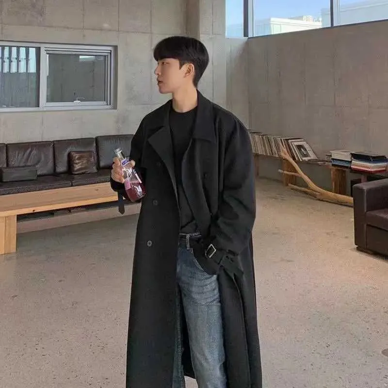 Trench Coats Korean Long Black Coat Premium Mens Long Black Trench