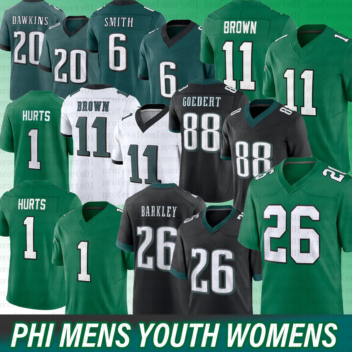Kelly Green Eagles Football Jersey: Hurts, Goedert, Smith, Brown