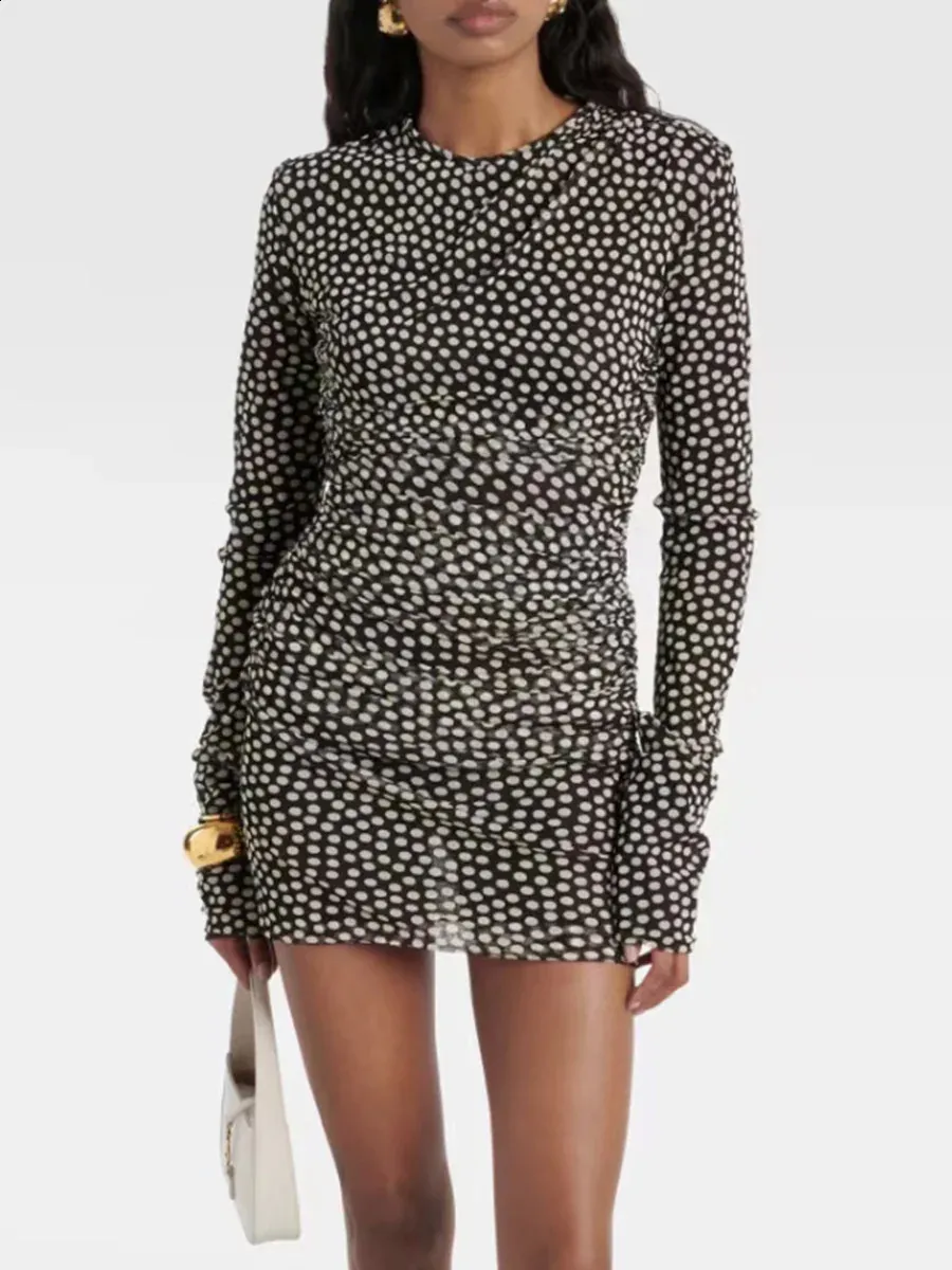 knee length dresses for ladies Cendria Long-Sleeve Open-Back Mini Dress in Ivory Polka Dot