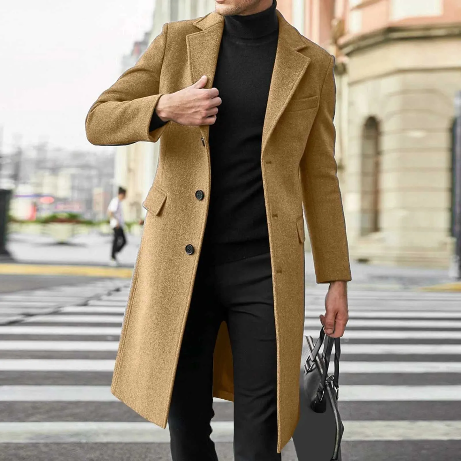 Mens single-breasted wool windproof coat for spring and autumn